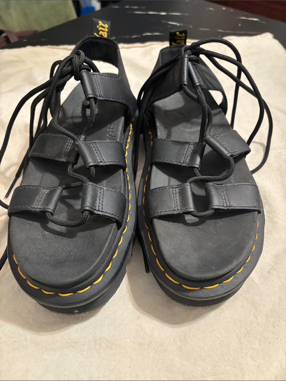 Dr. Martens Black Lace-Up Gladiator Sandals with Yellow Stitching